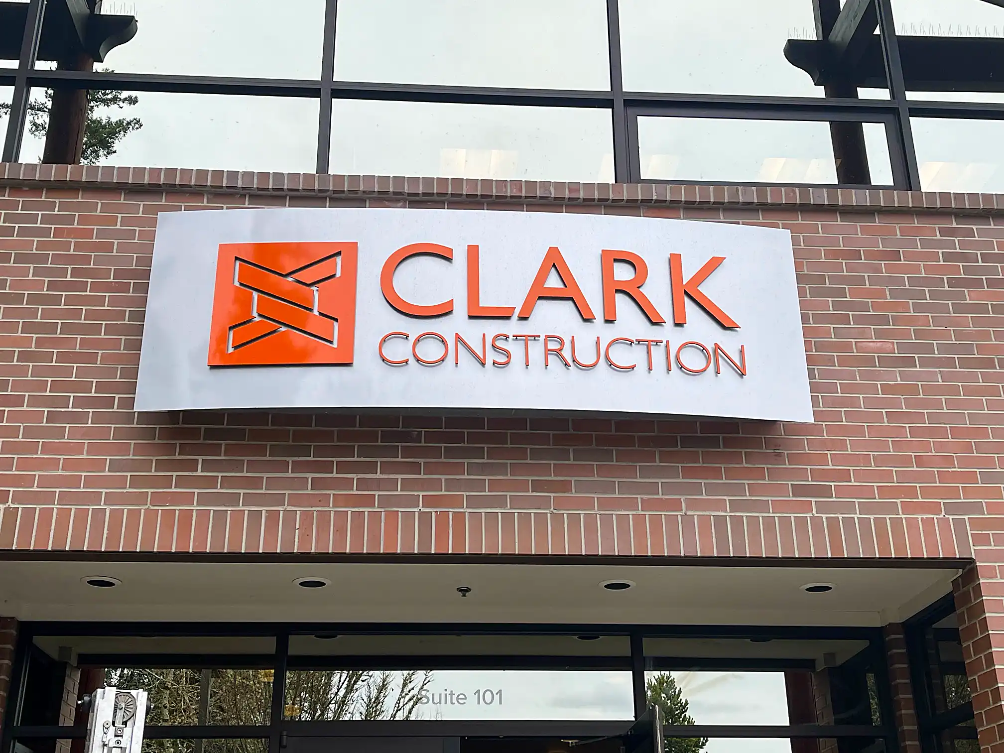 Clark Construction sign, fabricated by Monkey Wrench Fabrication, LLC